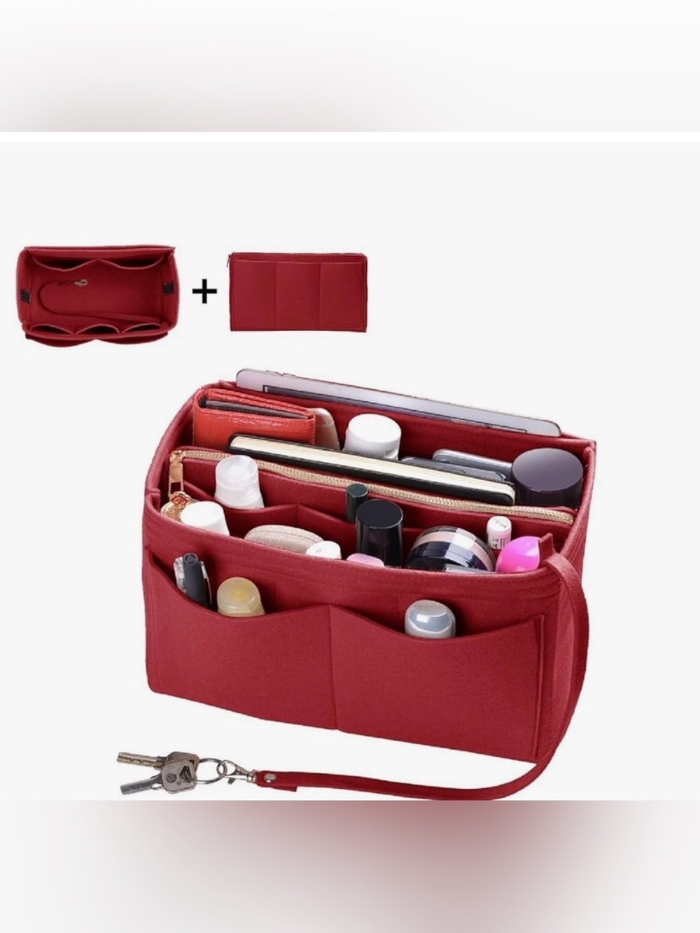 Large Scarlet Red Gold Zipper Structured 13-Pocket Bag Tote Purse Organizer
